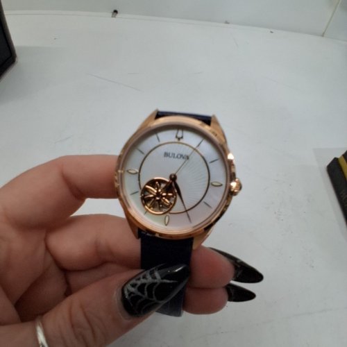 WOMENS BULOVA SAPPHIRE QUATRZ OPEN HEART WATCH -34 MM- ROSE GOLD TONE, WHITE, NAVY (MODEL: 97L180) image 3