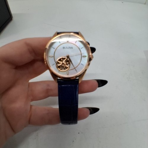 WOMENS BULOVA SAPPHIRE QUATRZ OPEN HEART WATCH -34 MM- ROSE GOLD TONE, WHITE, NAVY (MODEL: 97L180) image 4