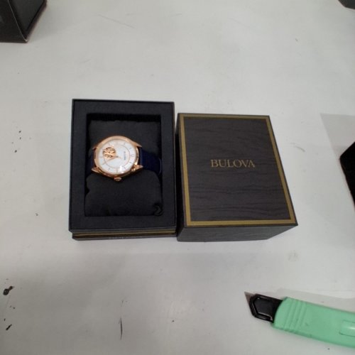 WOMENS BULOVA SAPPHIRE QUATRZ OPEN HEART WATCH -34 MM- ROSE GOLD TONE, WHITE, NAVY (MODEL: 97L180) image 5