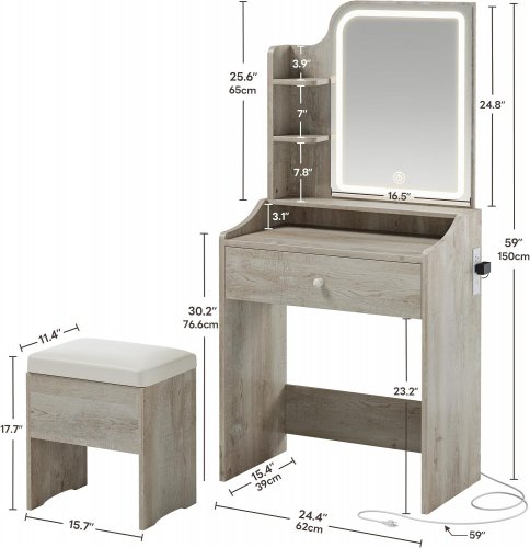 2PC LIKIMIO SMALL MAKEUP VANITY DESK WITH LED MIRROR, STORAGE STOOL, & CHARGING STATION - 24" X 15" X 59" - WHITE WALNUT (MODEL: HK-JCS-09) image 2