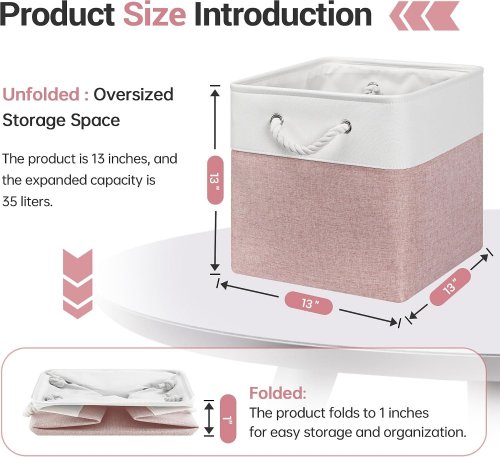 6PK ECDYQXVU FOLDABLE FABRIC STORAGE CUBE ORGANIZER BINS - 13" X 13" - WHITE/PINK image 3