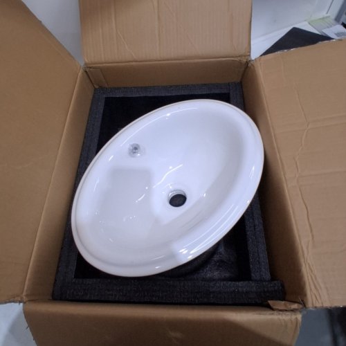 KARAMAG BATHROOM VESSEL CERAMIC SINK, SEMI RECESSED WITH OVAL DROP-IN AND OVERFLOW - 16" X 12"- WHITE (MODEL: 2016) image 2