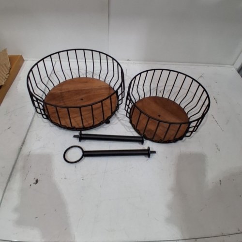 OVER&BACK 2-TIER WIRE METAL FRUIT BASKET - BLACK/ACACIA WOOD (MODEL: 1986459) image 2