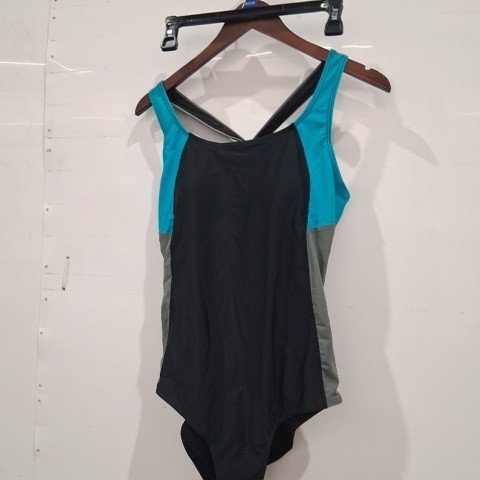 WOMEN'S ONE-PIECE SPORTS SWIMSUIT - LARGE - BLACK/TEAL/GRAY image 2