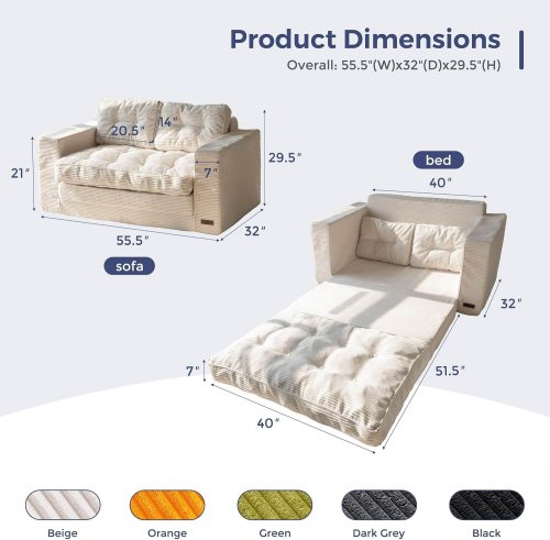 MAXYOYO 2-IN-1 CONVERTIBLE PULL OUT LOVESEAT SOFA BED - 55" X 32" X 21" - BEIGE (MODEL: N-M-A90-BEIGE-CA) image 2