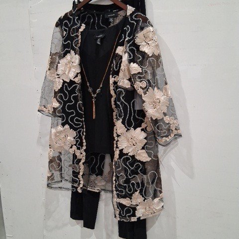 3PC R&M RICHARDS WOMEN'S FLORAL LACE OPEN-FRONT KIMONO CARDIGAN BLOUSE AND PANTS SET - SIZE 12 - BLACK/CHAMPAGNE image 2