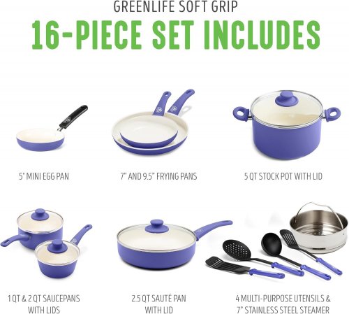 16PC GREENLIFE SOFT GRIP CERAMIC NONSTICK COOKWARE SET - PERIWINKLE image 2