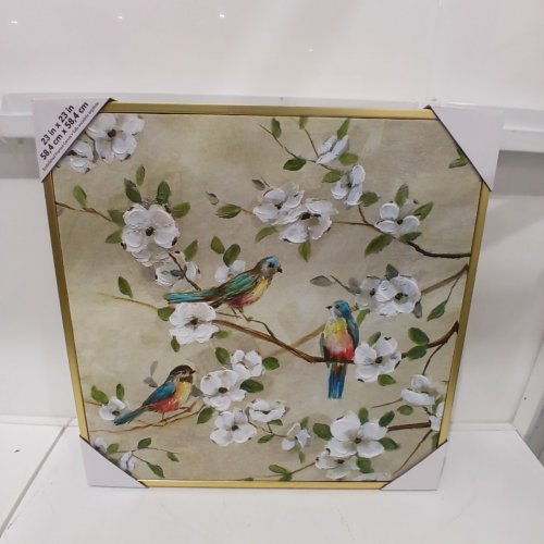CRYSTAL ART GALLERY FRAMED PICTURE FRAME WALL ART CANVAS - 23" X 23" - THREE BIRDS & WHITE FLORAL BRANCHES (STYLE: 708494) image 3