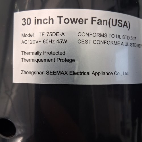 MAXKARE OSCILLATING TOWER FAN - 30" - BLACK (MODEL: TF-75DE-A) image 3