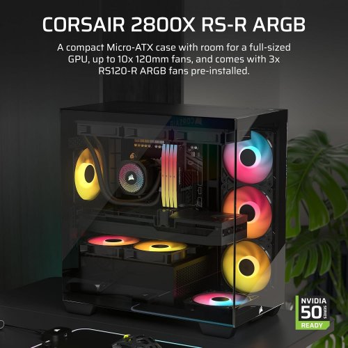 CORSAIR 2800X SERIES GLASS EXTERIOR MICRO-ATX PC CASE WITH 3 FANS - BLACK image 2