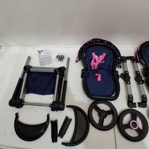 BAYER DESIGN - TWIN DOLLS PRAM XEO - ADJUSTABLE HANDLE BABY STROLLER FOR DOLLS WITH CHILDRENS SIDE BAG - NAVY/PINK - (MODEL: 26716AA) image 3