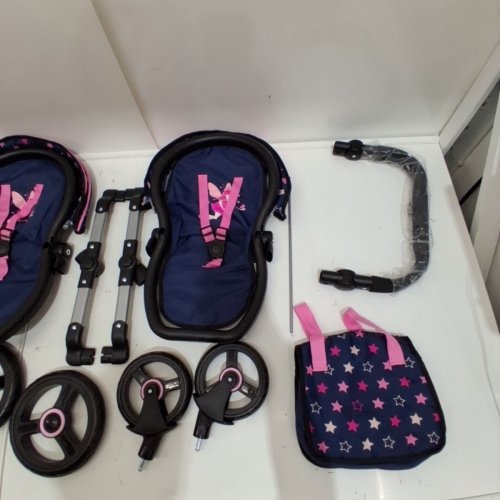 BAYER DESIGN - TWIN DOLLS PRAM XEO - ADJUSTABLE HANDLE BABY STROLLER FOR DOLLS WITH CHILDRENS SIDE BAG - NAVY/PINK - (MODEL: 26716AA) image 4
