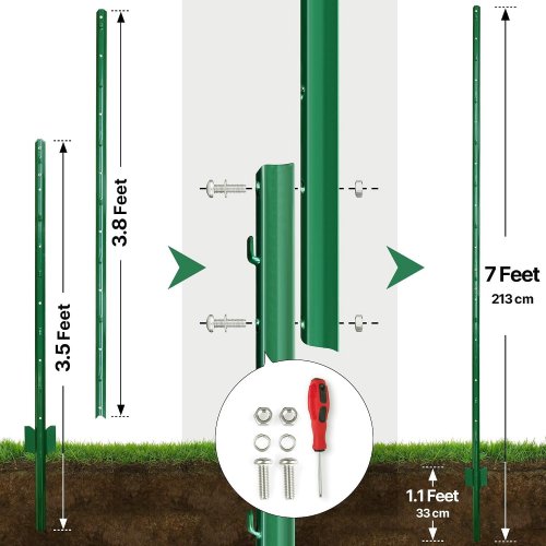 10PK THEALYN FENCE POSTS - METAL U STEP IN FENCE STAKES FOR CHICKEN WIRE, FENCE, STEEL YARD FENCE - 7FT - GREEN image 2