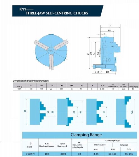 3-JAW SELF-CENTERING MANUAL LATHE CHUCK WITH REVERSIBLE SEPARATE JAWS - (MODEL: K11-160A) image 2