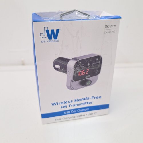 JUST WIRELESS CAR BLUETOOTH FM TRANSMITTER WITH USB-C AND USB-A PORTS - 30W - SILVER/BLACK (MODEL: 20088) image 3