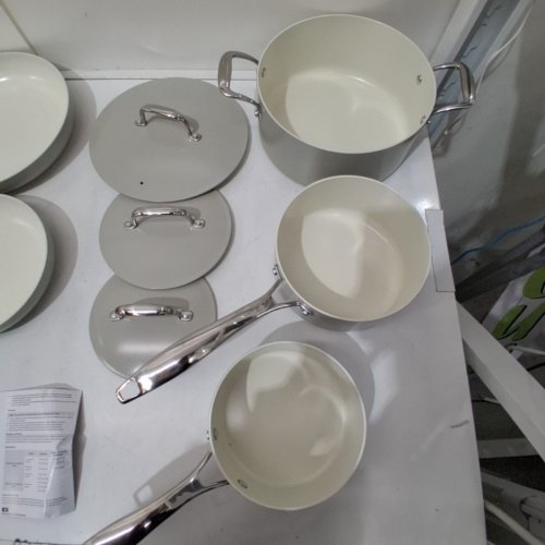 8PC AMAZON BASICS CERAMIC NONSTICK COOKWARE POTS AND PANS SET - IVORY image 3