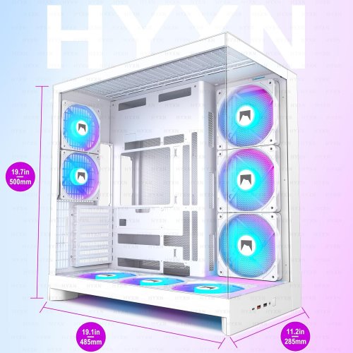 HYXN H2 ATX PC CASE WITH PRE-INSTALLED 8 PWM ARGB FANS - WHITE/RGB (MODEL: C-H2-ARGB-WHITE) image 2