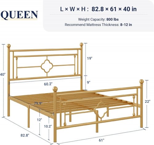 HOOMIC 14" METAL VINTAGE VICTORIAN STYLE PLATFORM BED FRAME - QUEEN - GOLD (MODEL: LFHHH006) image 2