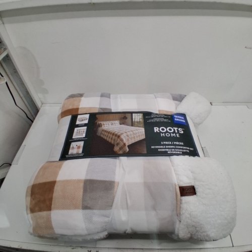 3PC ROOTS HOME HEAVY WEIGHT SHERPA BEDDING SET WITH 2 PILLOW SHAMS - QUEEN - WHITE/BEIGE PLAID (STYLE: 3435401) image 2