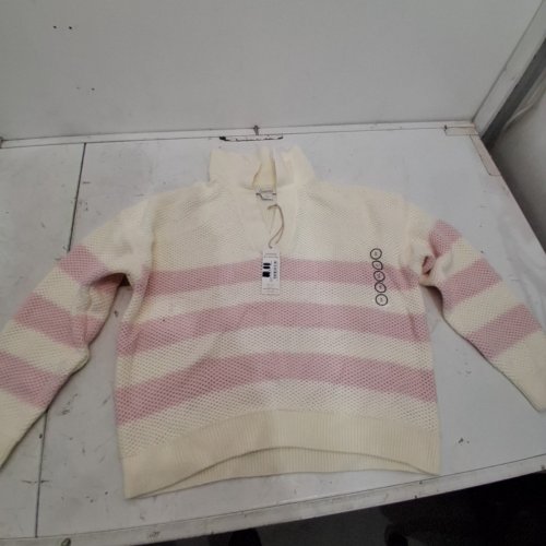NATURAL REFLECTIONS STRIPED ZIP-NECK KNIT SWEATER - SMALL - CREAM AND PINK image 2