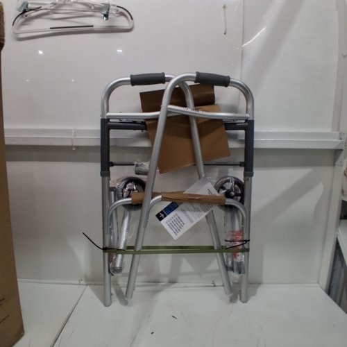 MEDLINE 2 BUTTON FOLDING PORTABLE WALKER WITH 5'' WHEELS & ADJUSTABLE HEIGHT - 300LBS CAPACITY - SILVER (MODEL: MDS86410W54H) image 2