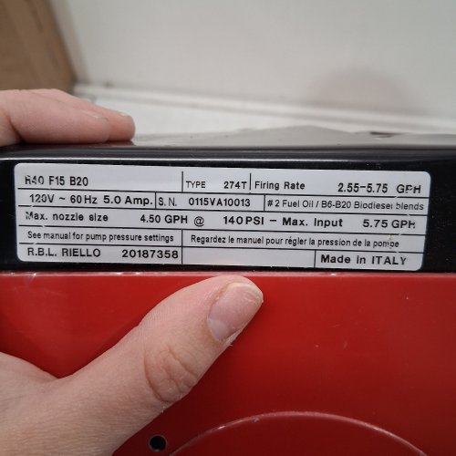 RIELLO 40 SERIES F5 CONVERSION OIL BURNER - 120 V - 5.0 AMP - 140 PSI -RED (MODEL: R40 F15 B20) image 2
