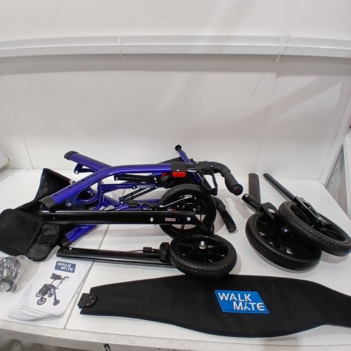 WALK MATE FOLDING LIGHTWEIGHT ROLLATOR WALKER WITH SEAT WITH CUPHOLDER & PADDED BACKREST - 300LBS CAP - BLUE (MODEL: WM02061) image 2