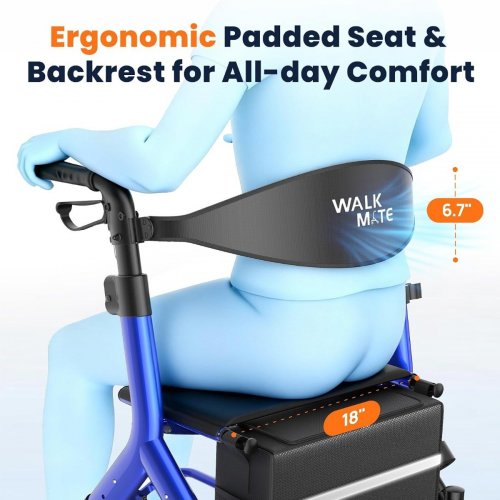 WALK MATE FOLDING LIGHTWEIGHT ROLLATOR WALKER WITH SEAT WITH CUPHOLDER & PADDED BACKREST - 300LBS CAP - BLUE (MODEL: WM02061) image 6
