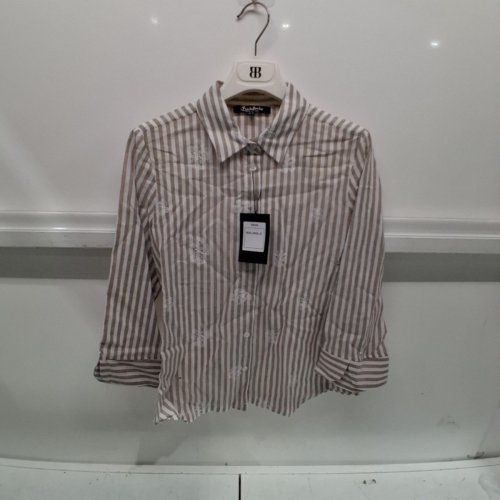 WOMEN'S BARILOCHE EMBROIDERED STRIPPED BUTTON-UP SHIRT - SMALL / MEDIUM - 38 - BEIGE / WHITE FLOWERS (STYLE: DAVA) image 2