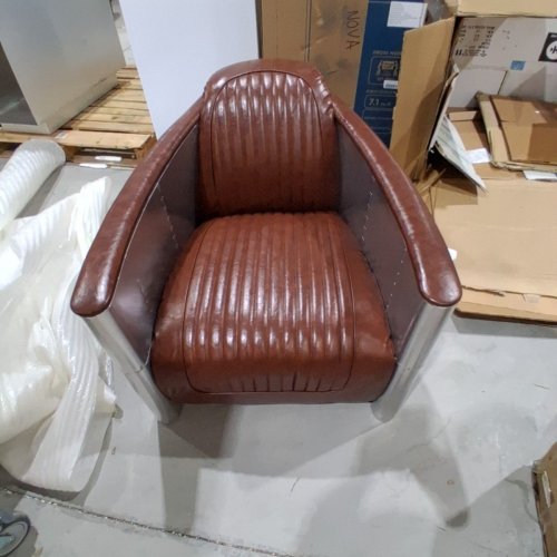 AVIATOR STYLE PU LEATHER LOUNGE CHAIR WITH METAL SIDES - 28.5'' X 32'' X 37'' - BROWN/SILVER image 2