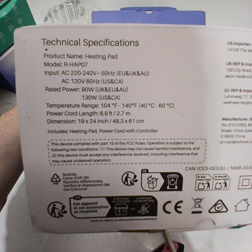 RENPHO GRAPHENE HEATING PADS ELECTRIC FOR NECK SHOULDER AND BACK - 19" X 24"; 120 V; 130W - TEAL (MODEL: R-HAP07) image 3