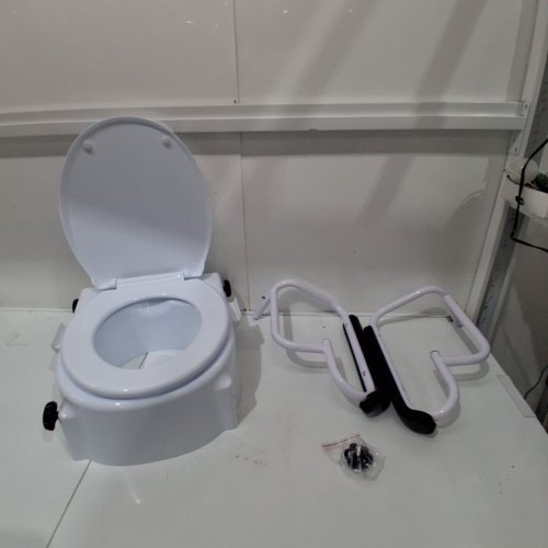 RAISED TOILET SEAT WITH ARMS, 3-LEVEL ADJUSTABLE HEIGHT, WIDENED COMMODE ELEVATED TOILET SEAT RISER WITH PADDED HANDLES FOR SENIORS/ELDERLY/HANDICAP/DISABLED ADULTS - 300LBS CAP - WHITE/BLACK (MODEL: SC7060H) image 2
