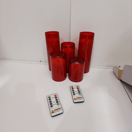 5PK BATTERY POWERED FLAMELESS CANDLE SET WITH REMOTES - ASSORTED SIZES - RED image 2