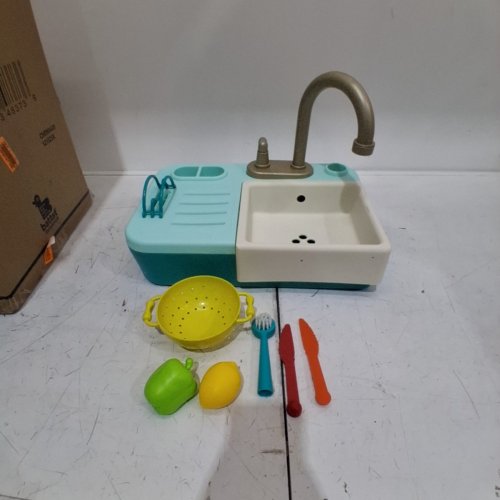 B.TOYS SPLASH-N-SCRUB PLAY SINK WITH RUNNING WATER FAUCET - TURQUOISE AND WHITE (MODEL: BE3740Z) image 2