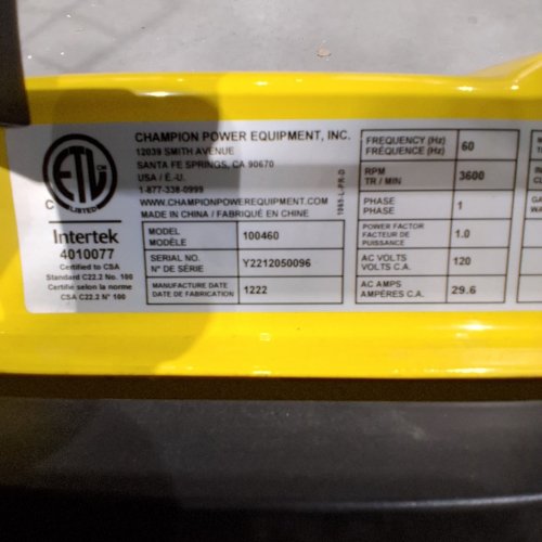CHAMPION PORTABLE GENERATOR ON WHEELS - 24.9" X 22" X 23.8" - 4450 STARTING WATTS / 3550 RUNNING WATTS / 120 V / 29.6 AMP - YELLOW / BLACK (MODEL: 100460) image 9