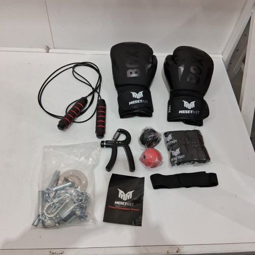 MESETAST BOXING TRAINING SET WITH 4FT PUNCHING BAG, 12 OZ BOXING GLOVES, JUMP ROPE, BOXING REFLEX BALLS & GRIP STRENGTH TRAINING TOOL - BLACK image 2