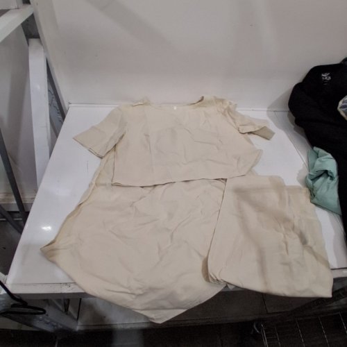 2PC WOMEN'S SHORT BOAT NECK HALF SLEEVE TOP & WIDE LEG PANTS WITH POCKETS - LARGE - BEIGE image 2