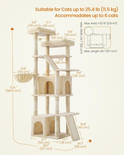 FEANDREA MULTI-LEVEL TALL CAT TREE TOWER FOR INDOOR EXTRA LARGE CATS - 72.6" - SUMMER SAND (MODEL: PCT014Y101) image 2
