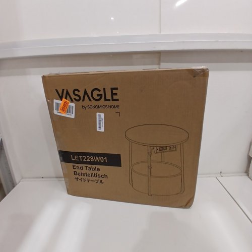 VASAGLE ROUND END TABLE WITH FABRIC BASKET AND CHARGING STATION - 17.7" X 19.7" - MATTE WHITE AND CAMEL BROWN (MODEL: ULET228W01) image 4