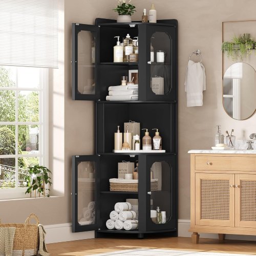 5-TIER CORNER STORAGE CABINET HUTCH WITH GLASS DOORS - 69" X 18.9" - BLACK (MODEL: KLV-M0-021) image 2