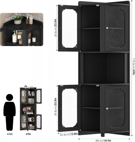 5-TIER CORNER STORAGE CABINET HUTCH WITH GLASS DOORS - 69" X 18.9" - BLACK (MODEL: KLV-M0-021) image 3