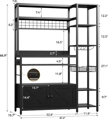 IRONCK BAKERS STORAGE RACK SHELVING UNIT WITH LED LIGHTS & CHARGING STATION - 47" X 16" X 67" - BLACK - (MODEL: HK-BR-10) image 2