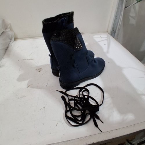 WOMEN'S LACE UP ROUND TOE KNIT CUFF MID CALF BOOTS - 9 - 9.5 - BLUE image 3