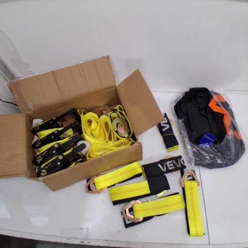 WHEEL CHOCK RATCHET TIE DOWN STRAPS - BREAK STRENGTH 10009 LBS MAX / WORKING LOAD 3333 LBS MAX - YELLOW /BLACK (MODEL: XM0501) image 3