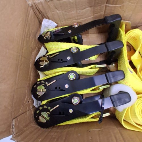 WHEEL CHOCK RATCHET TIE DOWN STRAPS - BREAK STRENGTH 10009 LBS MAX / WORKING LOAD 3333 LBS MAX - YELLOW /BLACK (MODEL: XM0501) image 6