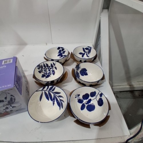 6PK ARBOR STONEWARE BOWLS - 6" - WHITE/BLUE (MODEL: 1901823) image 2