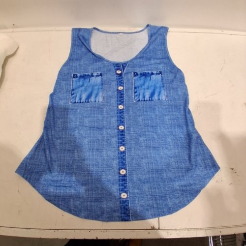 WOMENS SLEEVELESS BLUE DENIM PRINT TANK TOP - MEDIUM - BLUE image 2