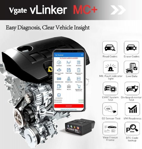 VGATE VLINKER MC+ OBD2 BLUETOOTH DIAGNOSTIC SCANNER FOR IOS, ANDROID, AND WINDOWS - BLACK (MODEL: MC+) image 2