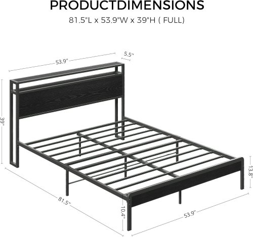 LIKIMIO METAL BED FRAME WITH STORAGE SHELF HEADBOARD - FULL - BLACK - (MODEL: HK-FBF-005K) image 2