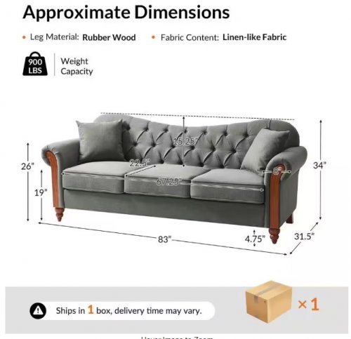 JAYDEN CREATION 3-PERSON TUFTED POLYESTER SOFA WITH FLARED ARMS - 83" X 31" X 34" - CHARCOAL - (MODEL: Z6SFXW0527-CHA) image 2